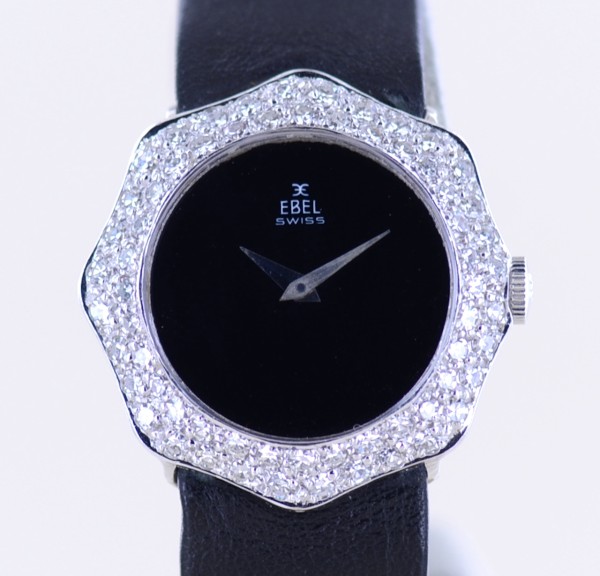 18K Whitegold Luxus Lady Onyx Dial Diamonds Schmuckuhr
