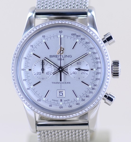 Transocean Chronograph Diamond bezel Stahl 38mm silver dial Dresswatch